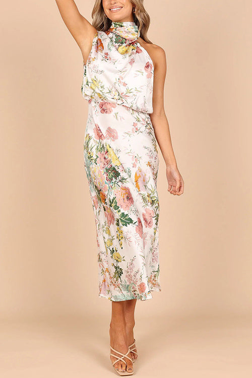 Rowangirl Fashionable Sleeveless Halter Neck Printed Satin Dress