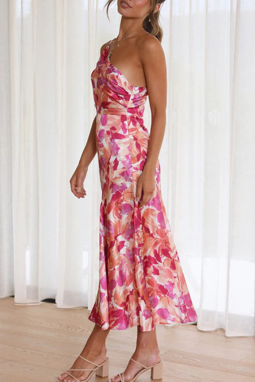 Rowangirl Fashionable Slant Neck Sling Print Dress