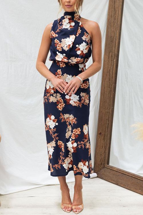 Rowangirl Fashionable Sleeveless Halter Neck Printed Satin Dress