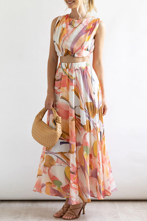 Rowangirl Fashion Chic Round Neck Sleeveless Printed Top + Printed Long Skirt Two-piece Set