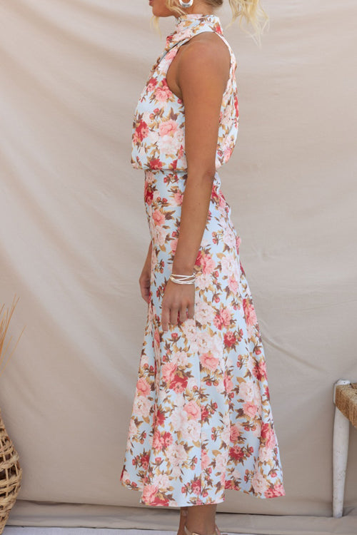 Rowangirl Fashionable Sleeveless Halter Neck Printed Satin Dress