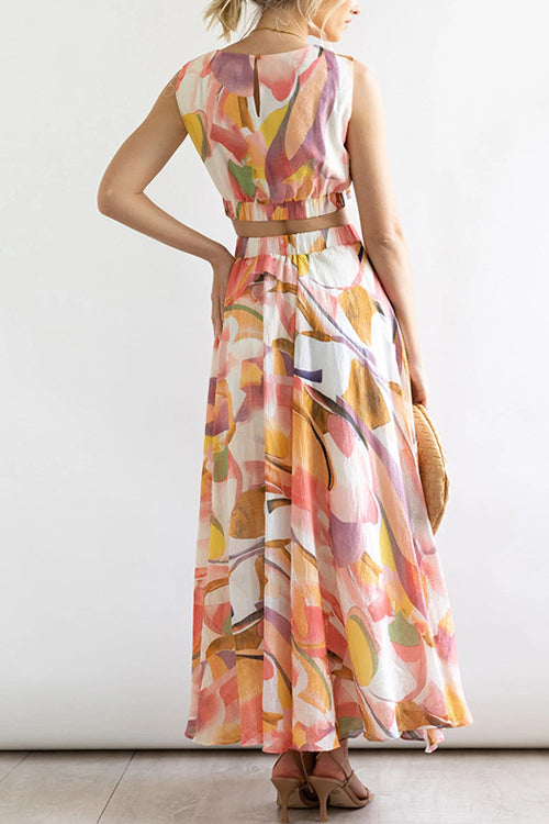Rowangirl Fashion Chic Round Neck Sleeveless Printed Top + Printed Long Skirt Two-piece Set