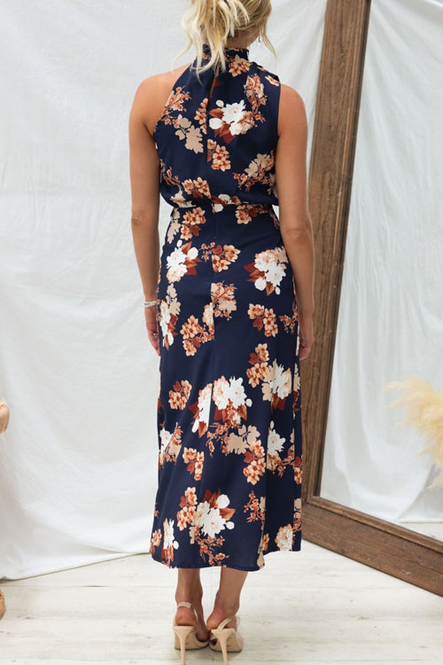 Rowangirl Fashionable Sleeveless Halter Neck Printed Satin Dress
