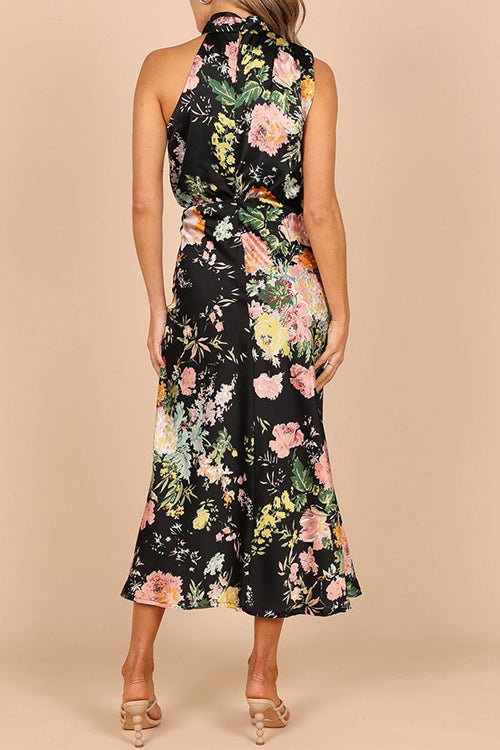 Rowangirl Fashionable Sleeveless Halter Neck Printed Satin Dress
