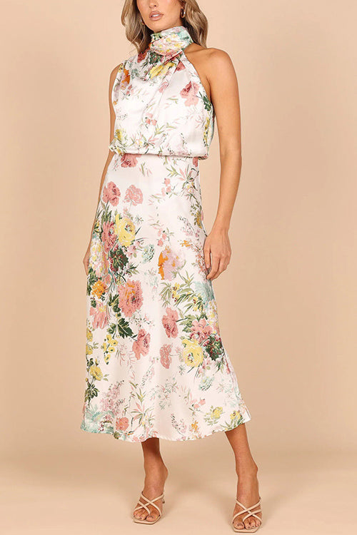 Rowangirl Fashionable Sleeveless Halter Neck Printed Satin Dress