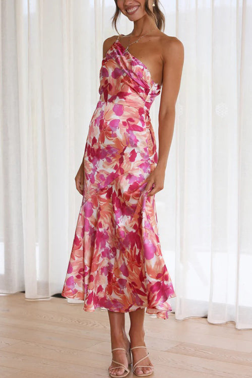 Rowangirl Fashionable Slant Neck Sling Print Dress