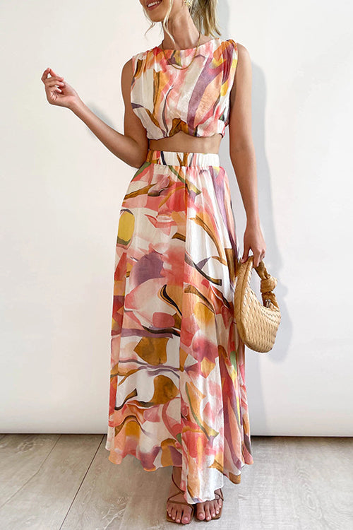 Rowangirl Fashion Chic Round Neck Sleeveless Printed Top + Printed Long Skirt Two-piece Set