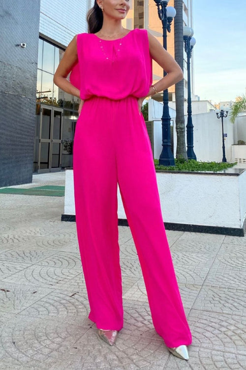 Rowangirl Open Back Elastic Waist Solid Relaxed Jumpsuit