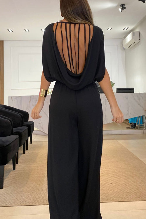 Rowangirl Open Back Elastic Waist Solid Relaxed Jumpsuit