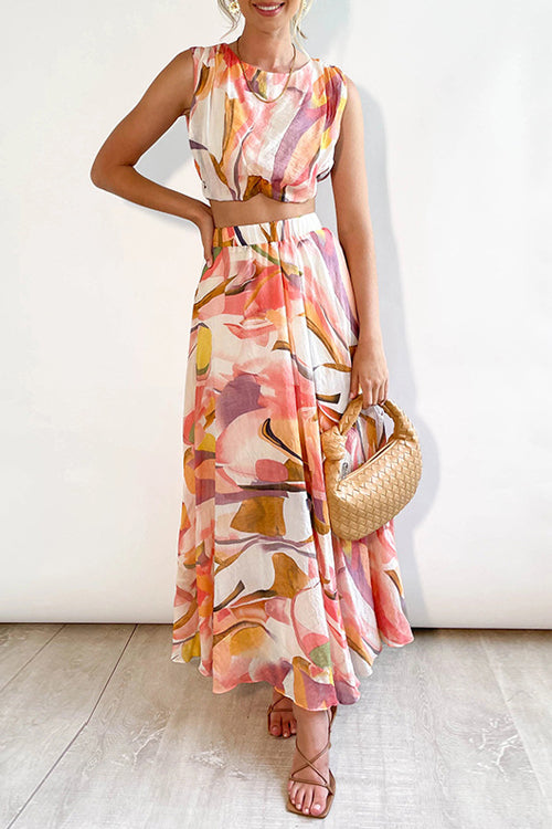 Rowangirl Fashion Chic Round Neck Sleeveless Printed Top + Printed Long Skirt Two-piece Set