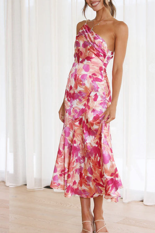Rowangirl Fashionable Slant Neck Sling Print Dress