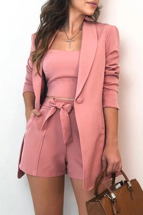 Rowangirl Ladies Chic Coat High Waist Shorts Three Pieces Suit