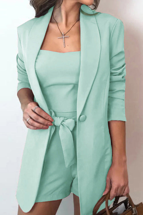 Rowangirl Ladies Chic Coat High Waist Shorts Three Pieces Suit