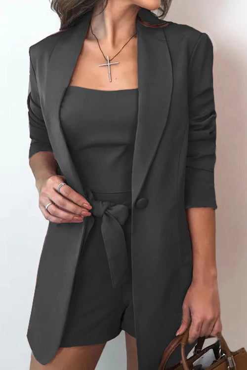Rowangirl Ladies Chic Coat High Waist Shorts Three Pieces Suit
