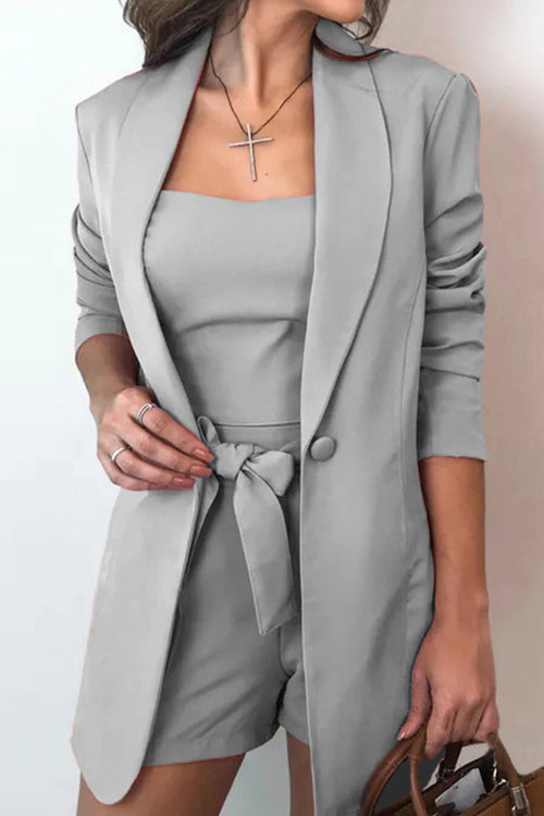 Rowangirl Ladies Chic Coat High Waist Shorts Three Pieces Suit