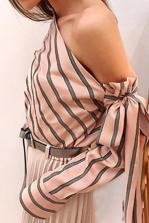 Rowangirl Melody  Oblique Shoulder Lace Up Stripe Fashion Chic Top