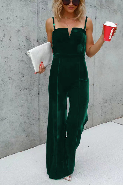 Rowangirl Chic Solid Golden Velvet Sling Sleeveless Loose Jumpsuit