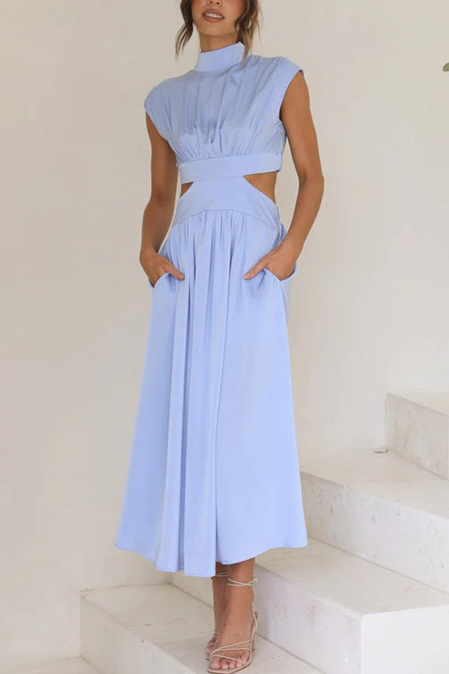 Rowangirl Chic Solid Stand Collar Sleeveless Slim Long Dress