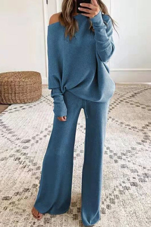 Rowangirl Fashion Casual Solid Loose Long Sleeve Top+Wide Leg Pants Two-piece