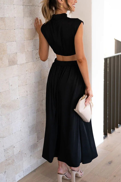 Rowangirl Chic Solid Stand Collar Sleeveless Slim Long Dress
