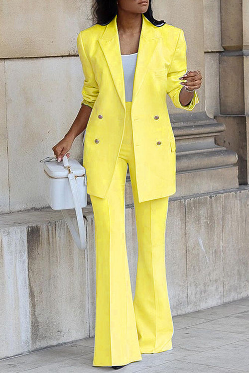 Rowangirl Fashion Solid Long Sleeve Buttons Wide Leg Pants Suit Suit