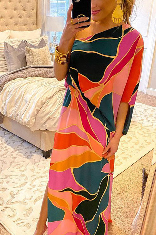 Rowangirl Chic Printed Irregular Oblique Shoulder Loose Dress