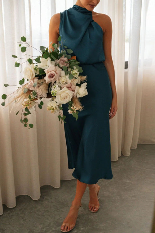 Rowangirl Fashion Chic One Shoulder Sleeveless Slim Mid-length Dress