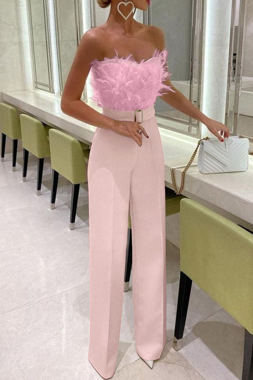 Rowangirl Fashion Feather Sexy Off Shoulder Sleeveless Slim Jumpsuit