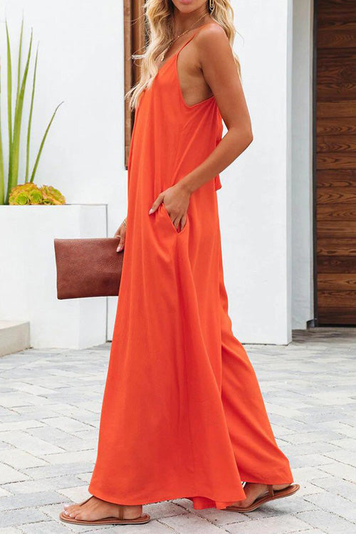 Rowangirl Fashion Casual Solid Loose V Neck Sling Wide Leg Jumpsuit