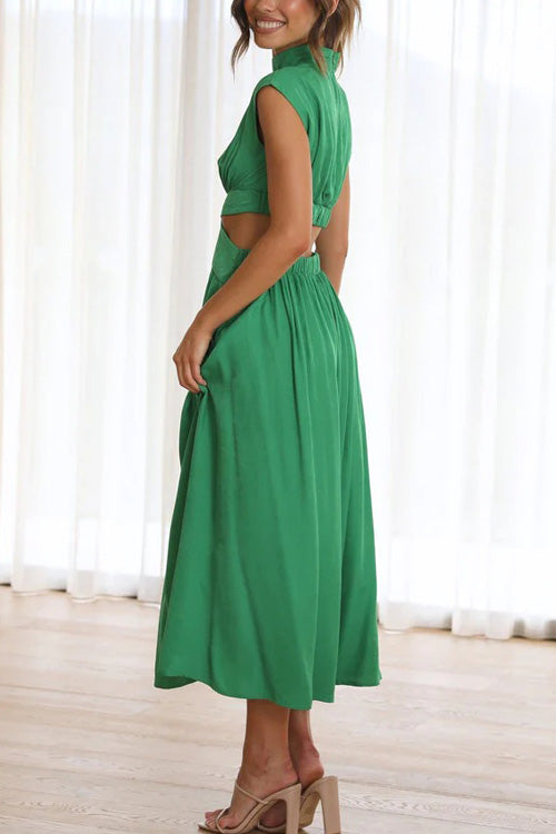 Rowangirl Chic Solid Stand Collar Sleeveless Slim Long Dress
