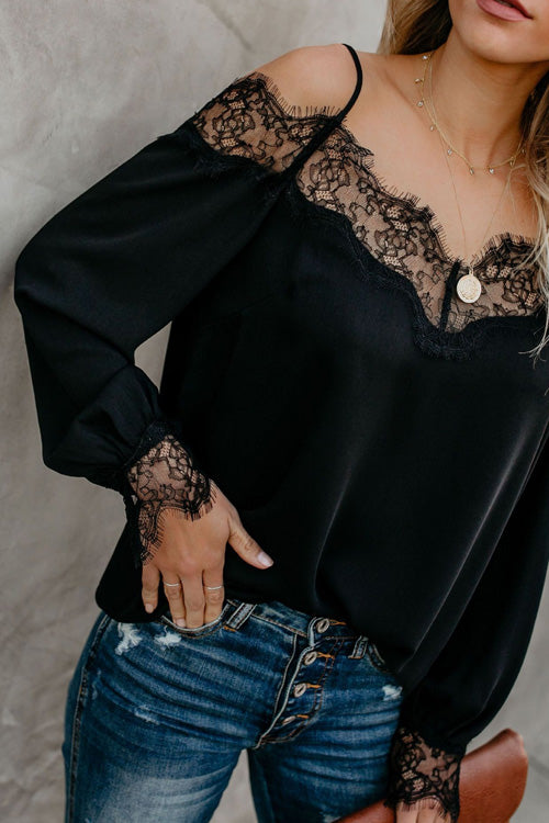 Rowangirl Chic Lace Solid Off Shoulder Long Sleeve Loose Top