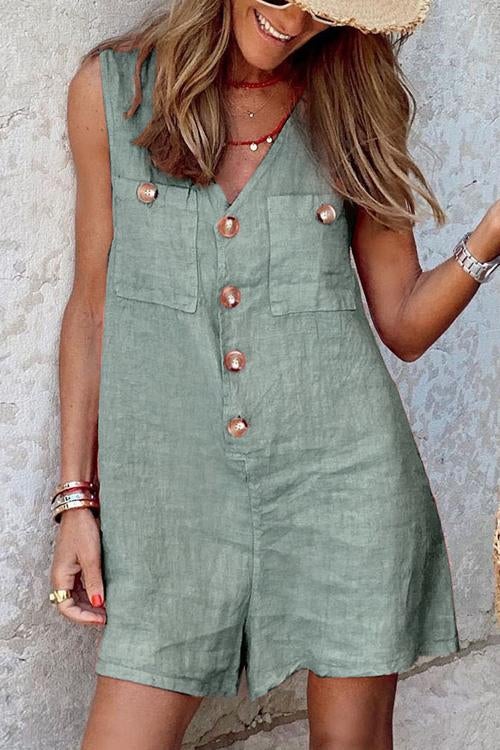 Rowangirl  Fashion Casual Sleeveless V Neck Buttons Vest Romper