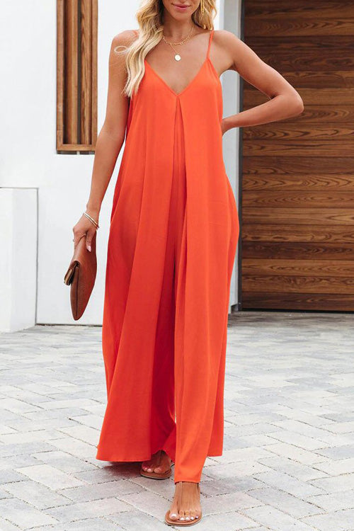 Rowangirl Fashion Casual Solid Loose V Neck Sling Wide Leg Jumpsuit