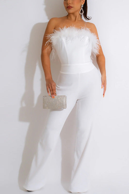 Rowangirl Fashion Feather Solid Off Shoulder Sleeveless Slim Jumpsuit