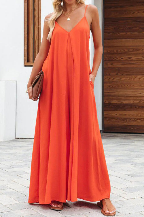 Rowangirl Fashion Casual Solid Loose V Neck Sling Wide Leg Jumpsuit