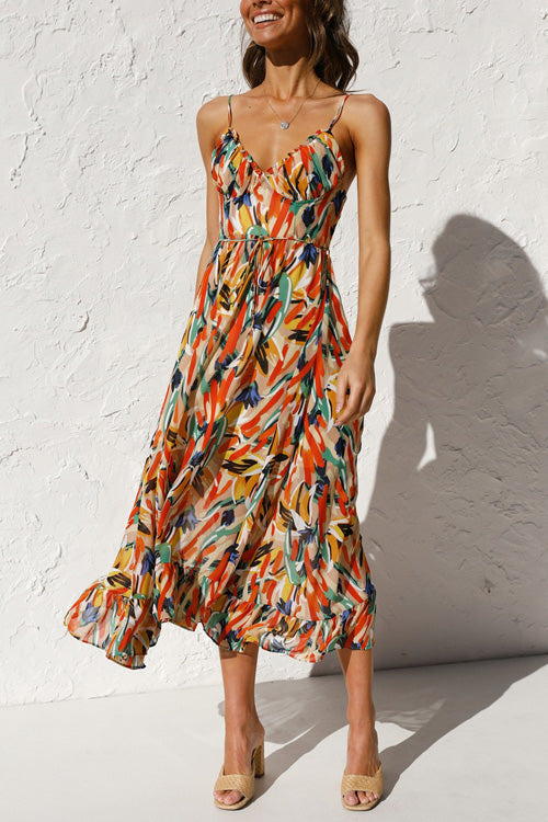 Rowangirl Chic Printed Sling V Neck Sleeveless Long Dress