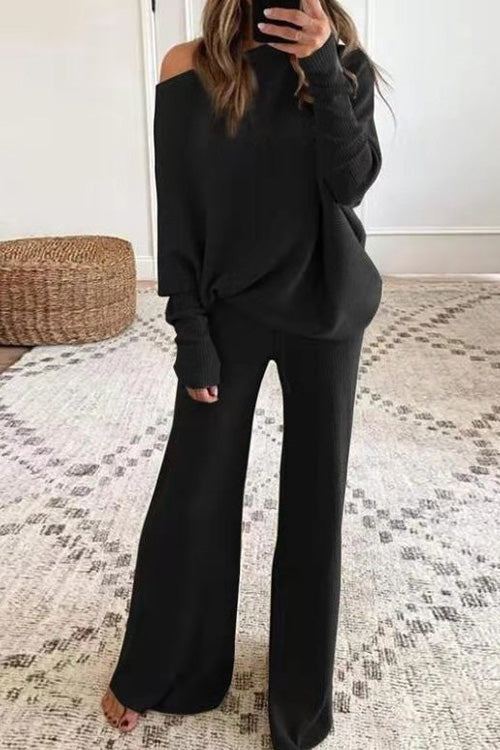 Rowangirl Fashion Casual Solid Loose Long Sleeve Top+Wide Leg Pants Two-piece
