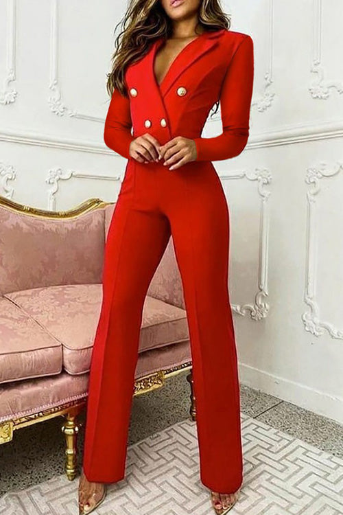 Rowangirl Fashion Lapel Long Sleeve Buttons Slim Suit Jumpsuit