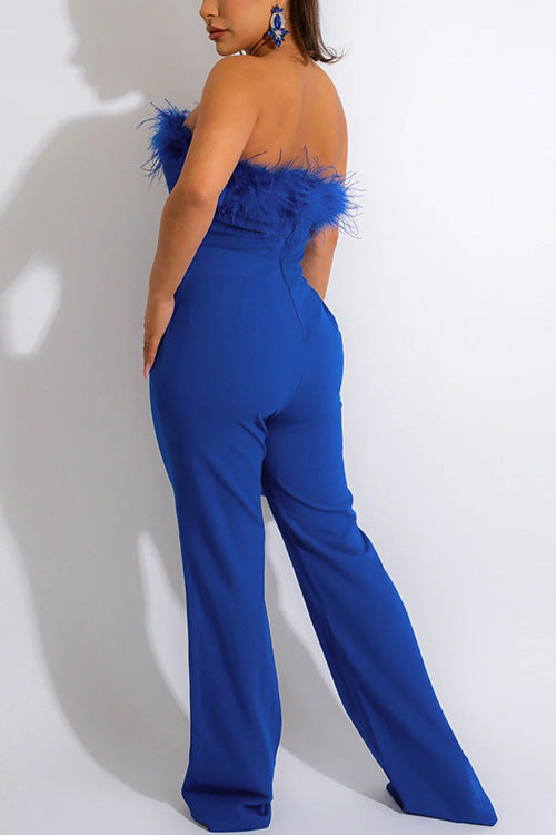 Rowangirl Fashion Feather Solid Off Shoulder Sleeveless Slim Jumpsuit