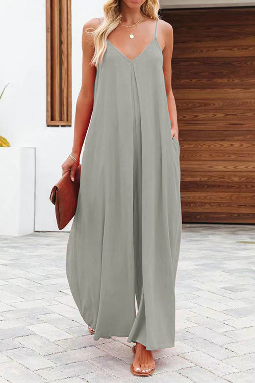 Rowangirl Fashion Casual Solid Loose V Neck Sling Wide Leg Jumpsuit
