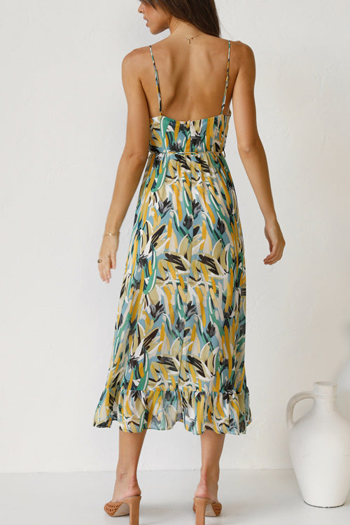 Rowangirl Chic Printed Sling V Neck Sleeveless Long Dress