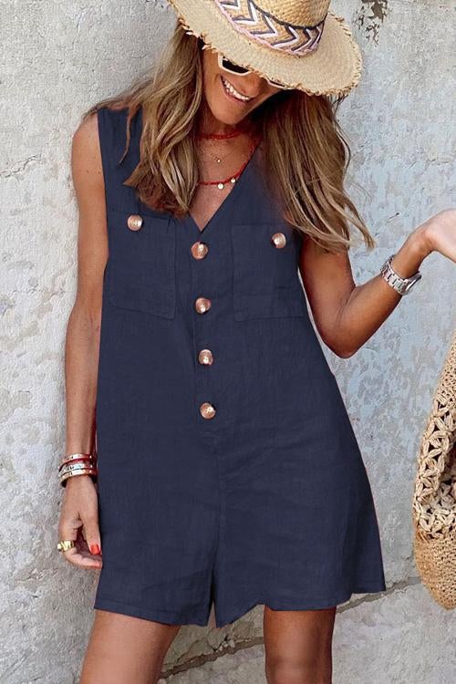 Rowangirl  Fashion Casual Sleeveless V Neck Buttons Vest Romper