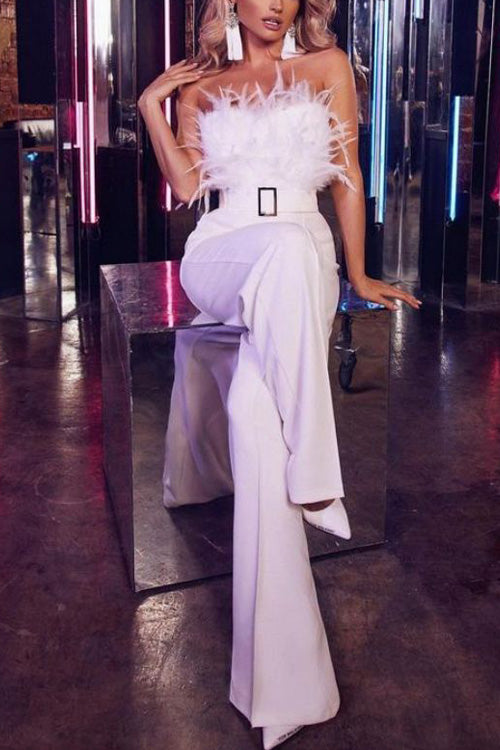 Rowangirl Fashion Feather Sexy Off Shoulder Sleeveless Slim Jumpsuit