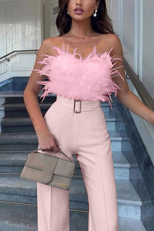 Rowangirl Fashion Feather Sexy Off Shoulder Sleeveless Slim Jumpsuit