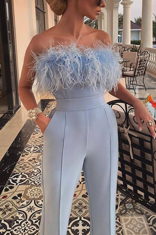 Rowangirl Chic Solid Feather Off Shoulder Sleeveless Slim Jumpsuit