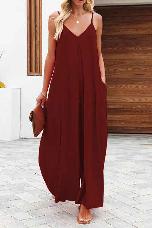 Rowangirl Fashion Casual Solid Loose V Neck Sling Wide Leg Jumpsuit