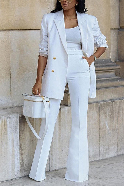Rowangirl Fashion Solid Long Sleeve Buttons Wide Leg Pants Suit Suit