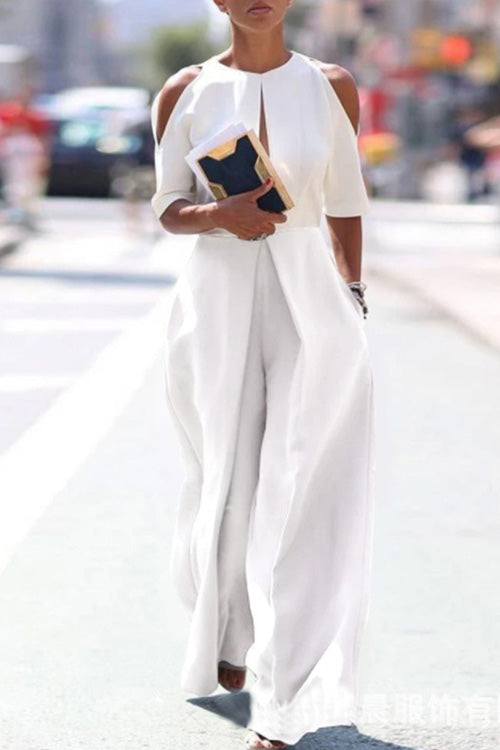 Rowangirl Fashion Chic Loose Solid O Neck Off Shoulder Sleeve Jumpsuit