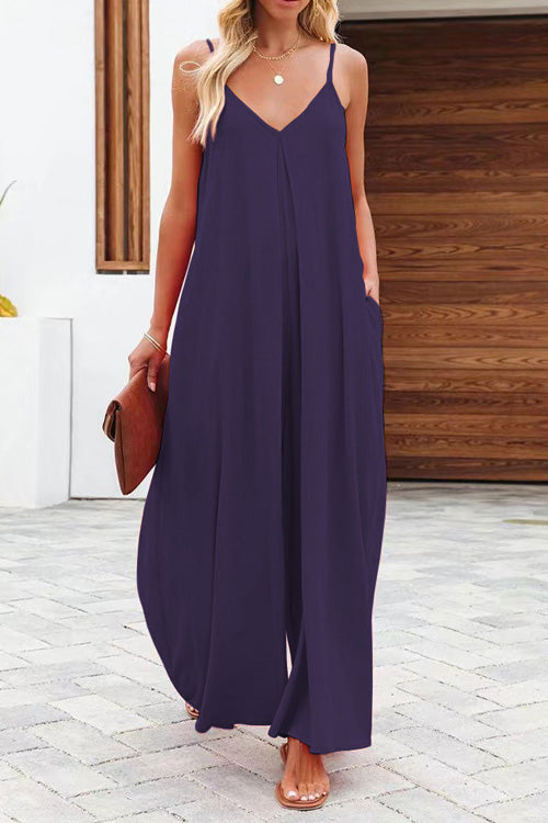 Rowangirl Fashion Casual Solid Loose V Neck Sling Wide Leg Jumpsuit