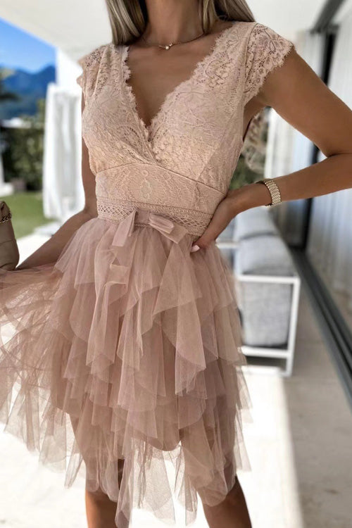 Rowangirl Chic Solid Lace V Neck Sleeveless Lace Up Dress